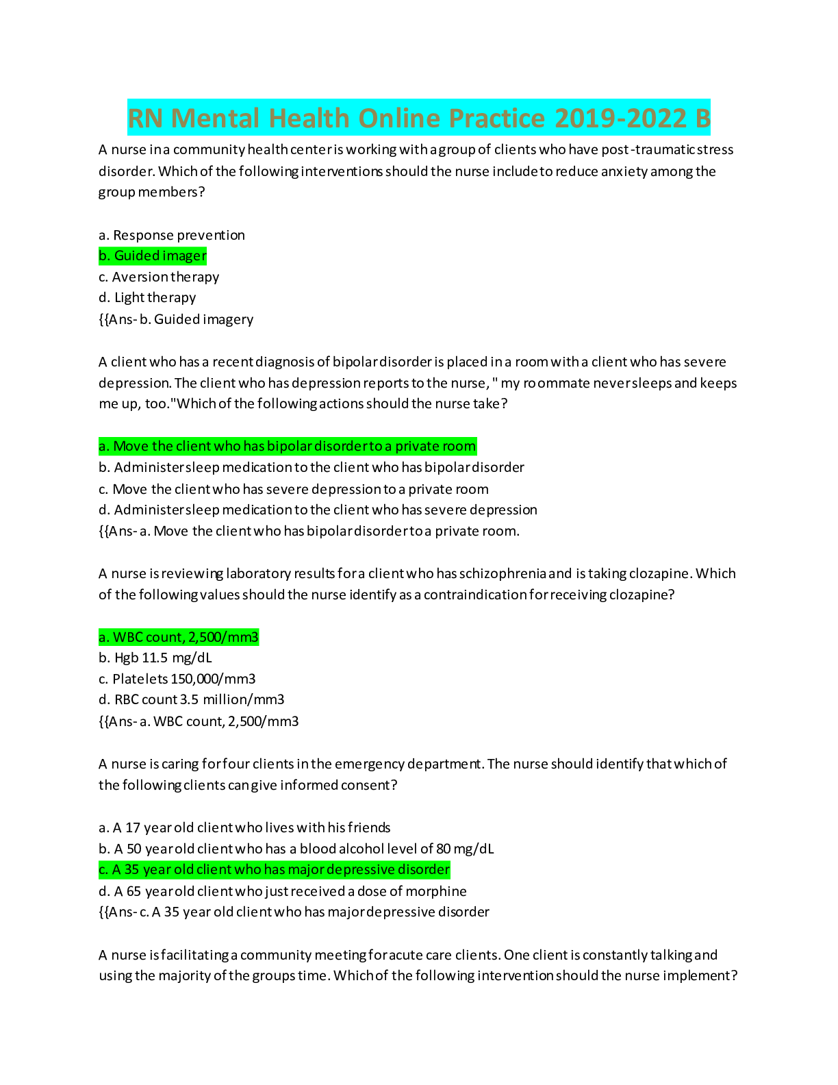 Preview image for NUR 4225 Pediatric Health Nursing: RN Mental Health Online Practice 2019-2022 B 100%